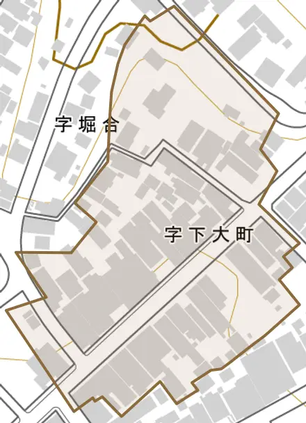 字下大町とその周辺の地図。町の範囲を重ねている