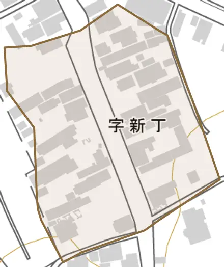 字新丁とその周辺の地図。町の範囲を重ねている