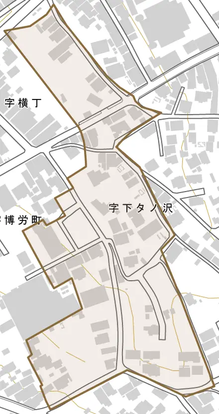 字下タノ沢とその周辺の地図。町の範囲を重ねている