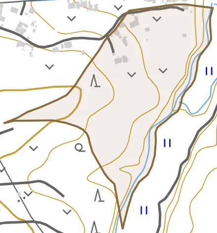 字五百久保とその周辺の地図。町の範囲を重ねている