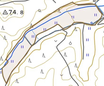 字兎内上保戸沢とその周辺の地図。町の範囲を重ねている