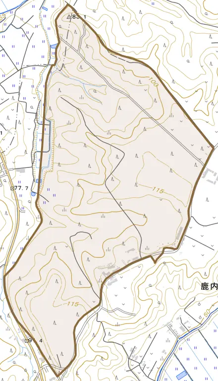 字応田とその周辺の地図。町の範囲を重ねている