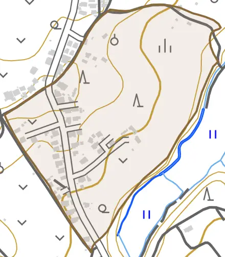 字大渡道ノ下モとその周辺の地図。町の範囲を重ねている