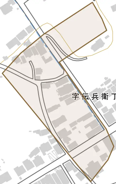 字伝兵衛丁とその周辺の地図。町の範囲を重ねている