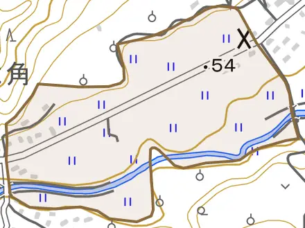 字六角とその周辺の地図。町の範囲を重ねている