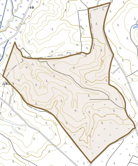 字岡谷地とその周辺の地図。町の範囲を重ねている