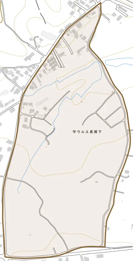 字ウルエ長根下とその周辺の地図。町の範囲を重ねている