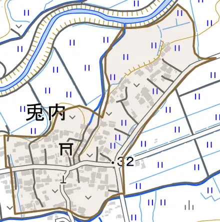 字兎内とその周辺の地図。町の範囲を重ねている