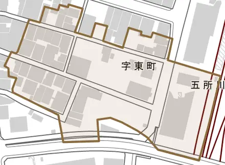 字東町とその周辺の地図。町の範囲を重ねている