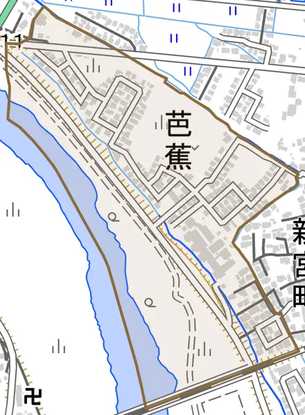 字芭蕉とその周辺の地図。町の範囲を重ねている