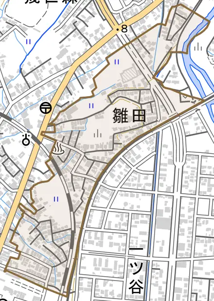 字雛田とその周辺の地図。町の範囲を重ねている