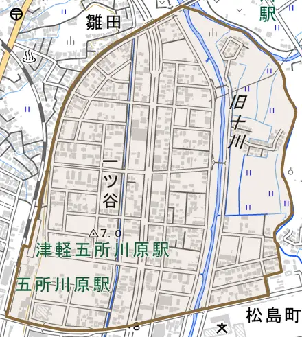 字一ツ谷とその周辺の地図。町の範囲を重ねている