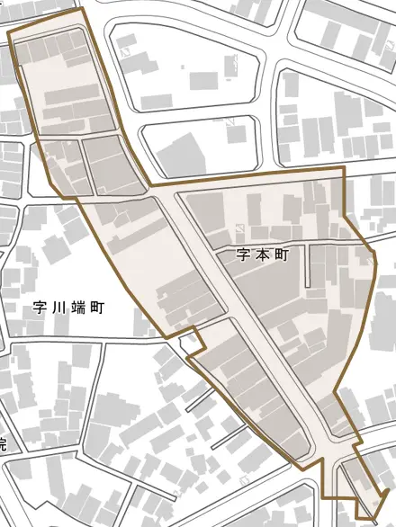 字本町とその周辺の地図。町の範囲を重ねている