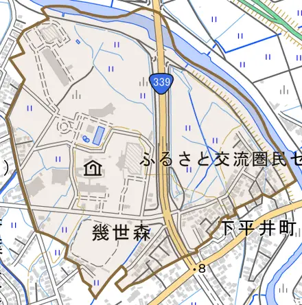 字幾世森とその周辺の地図。町の範囲を重ねている