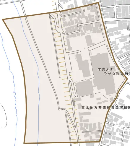 字岩木町とその周辺の地図。町の範囲を重ねている