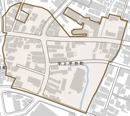 字上平井町とその周辺の地図。町の範囲を重ねている
