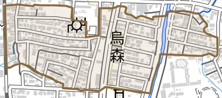 字烏森とその周辺の地図。町の範囲を重ねている