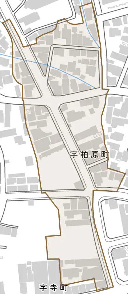 字柏原町とその周辺の地図。町の範囲を重ねている