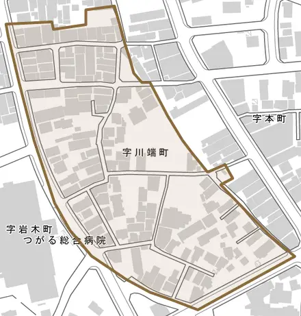 字川端町とその周辺の地図。町の範囲を重ねている