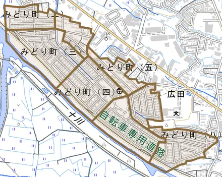 みどり町とその周辺の地図。町の範囲を重ねている