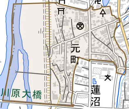 字元町とその周辺の地図。町の範囲を重ねている