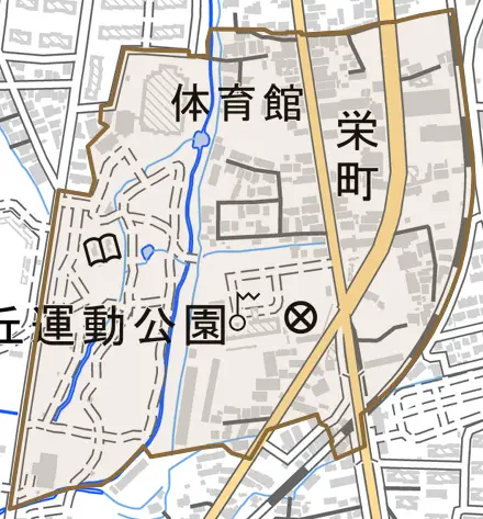 字栄町とその周辺の地図。町の範囲を重ねている