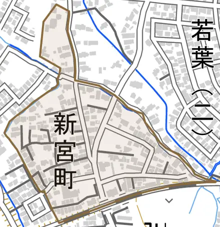 字新宮町とその周辺の地図。町の範囲を重ねている