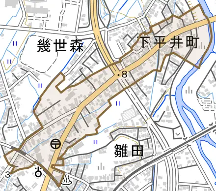字下平井町とその周辺の地図。町の範囲を重ねている