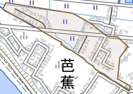 字蘇鉄とその周辺の地図。町の範囲を重ねている