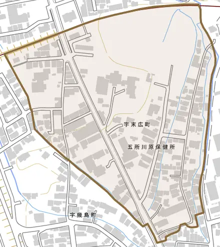 字末広町とその周辺の地図。町の範囲を重ねている