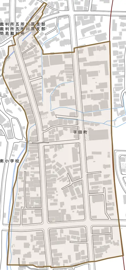字田町とその周辺の地図。町の範囲を重ねている