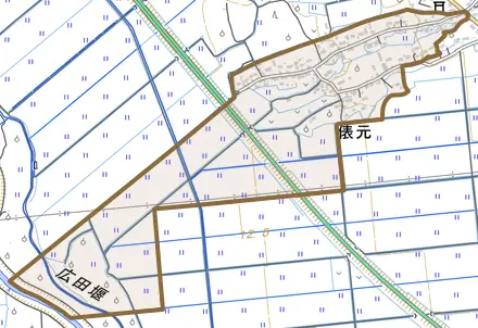 大字俵元とその周辺の地図。町の範囲を重ねている