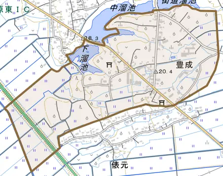 大字豊成とその周辺の地図。町の範囲を重ねている
