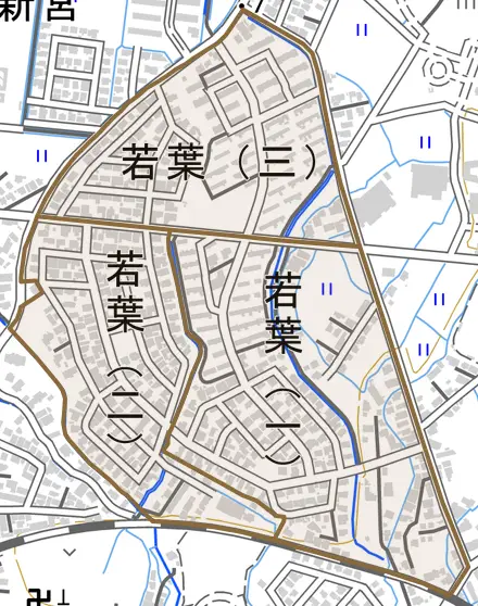 若葉とその周辺の地図。町の範囲を重ねている