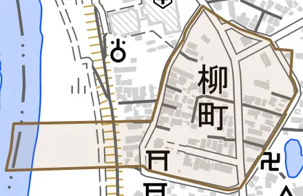 字柳町とその周辺の地図。町の範囲を重ねている
