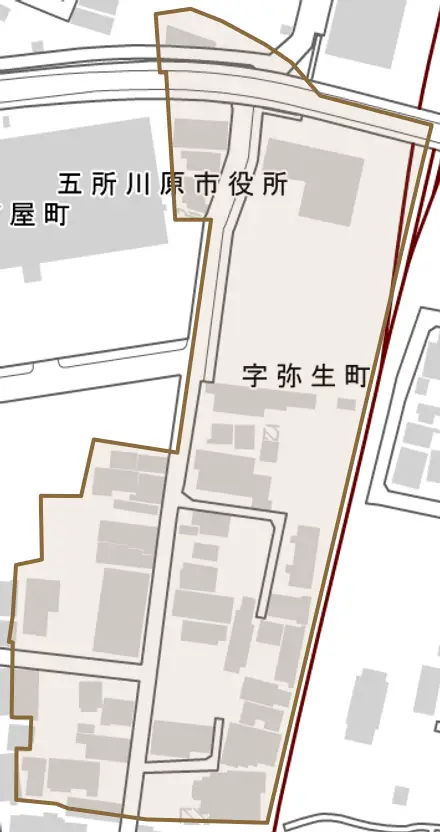 字弥生町とその周辺の地図。町の範囲を重ねている