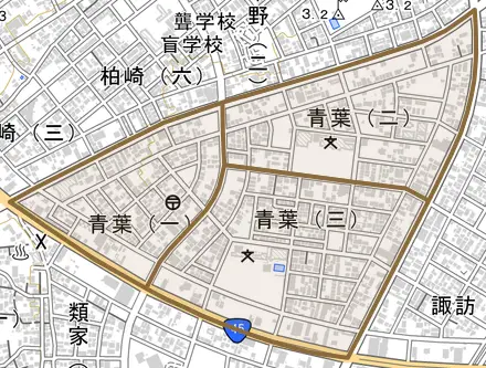 青葉とその周辺の地図。町の範囲を重ねている