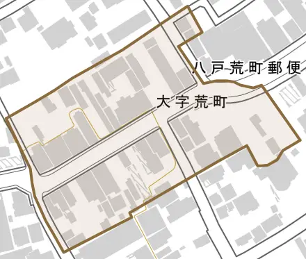 大字荒町とその周辺の地図。町の範囲を重ねている