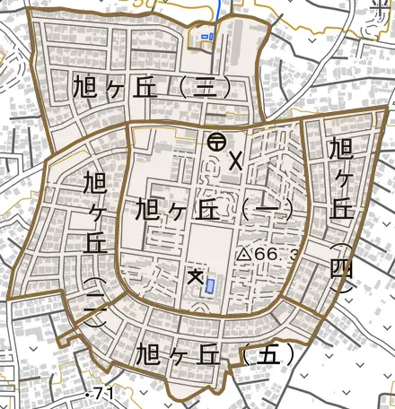 旭ケ丘とその周辺の地図。町の範囲を重ねている
