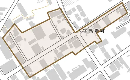 大字馬場町とその周辺の地図。町の範囲を重ねている