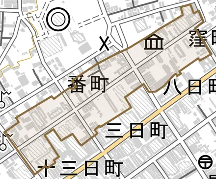 大字番町とその周辺の地図。町の範囲を重ねている