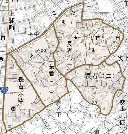 長者とその周辺の地図。町の範囲を重ねている