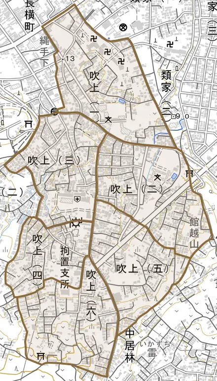 吹上とその周辺の地図。町の範囲を重ねている