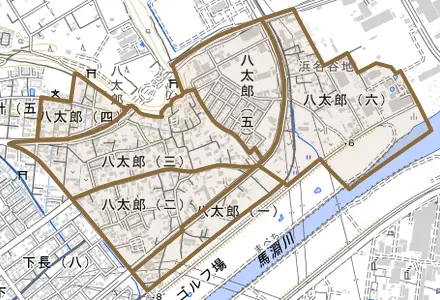 八太郎とその周辺の地図。町の範囲を重ねている