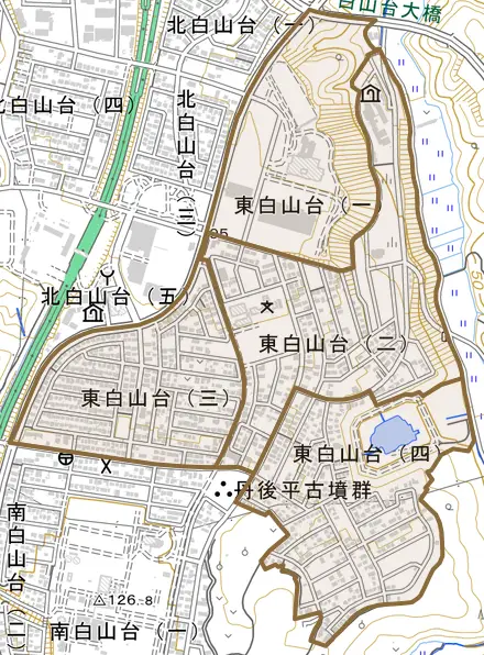 東白山台とその周辺の地図。町の範囲を重ねている