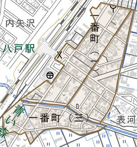 一番町とその周辺の地図。町の範囲を重ねている