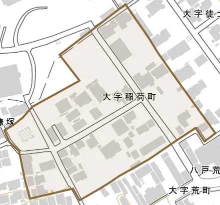 大字稲荷町とその周辺の地図。町の範囲を重ねている