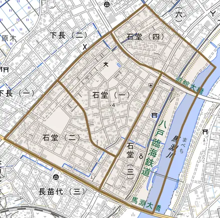石堂とその周辺の地図。町の範囲を重ねている