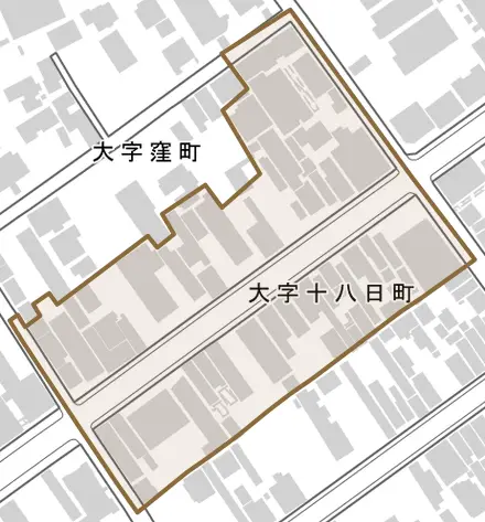 大字十八日町とその周辺の地図。町の範囲を重ねている