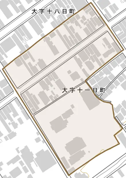 大字十一日町とその周辺の地図。町の範囲を重ねている